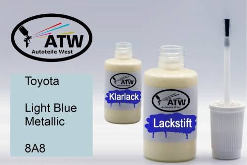 Toyota, Light Blue Metallic, 8A8: 20ml Lackstift + 20ml Klarlack - Set, von ATW Autoteile West.